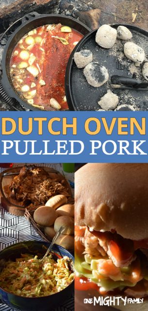 visual pulled pork being cooked in a dutch oven.