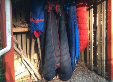 Sleeping bags hanging out to air dry
