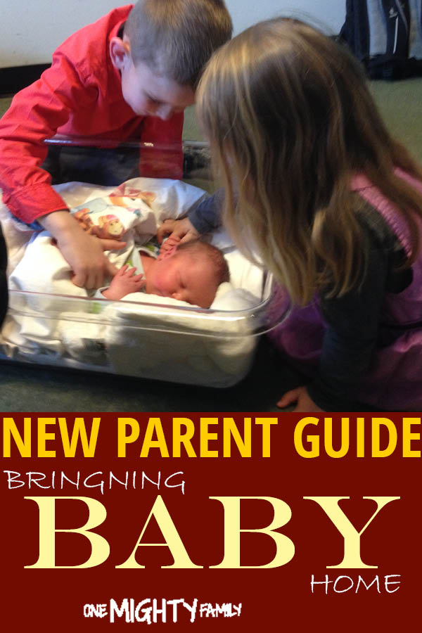 Siblings looking at a newborn baby, with the caption new parent guide, bringing baby home.