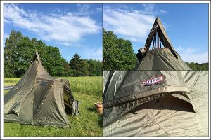 A collage of pictures featuring the varanger camp 8-10 tent. A family tent with a tipi like structure