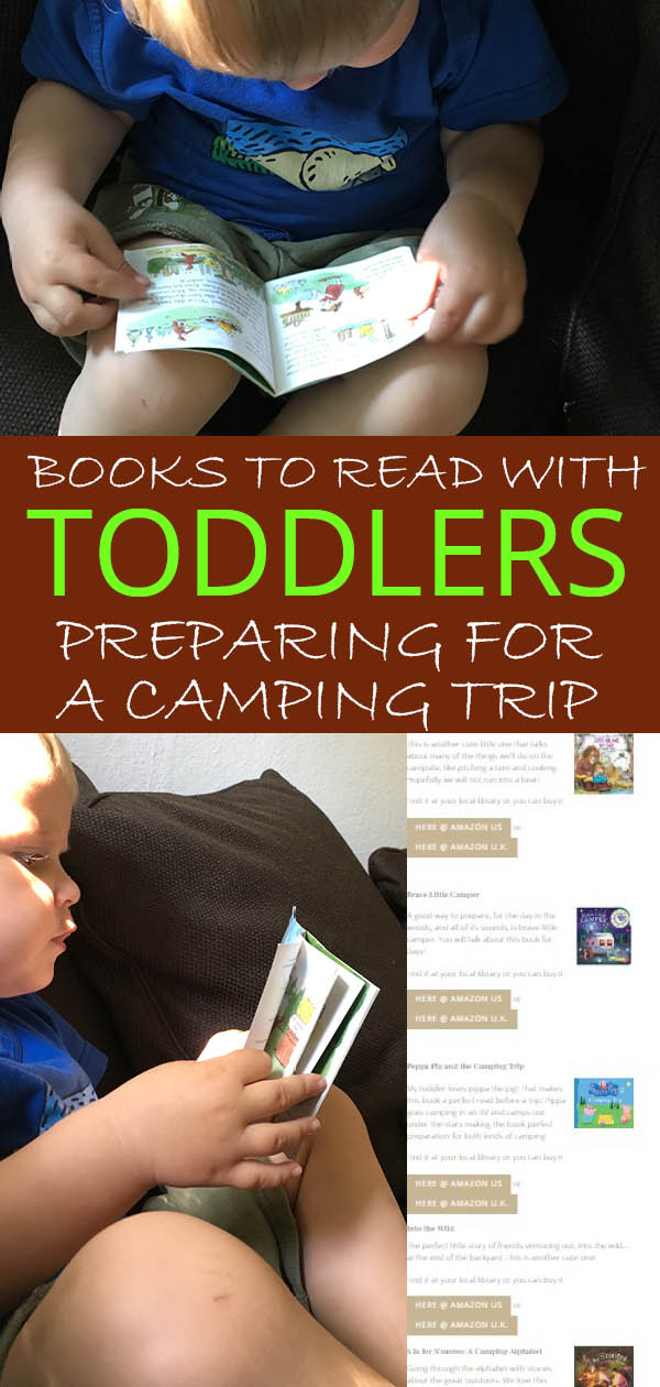 a collage of pictures showing a toddler reading books about camping, and a picutre of the listed books on this website